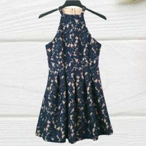 Altar'd State High Neck Halter Dress Floral Lace Navy Cream Large
